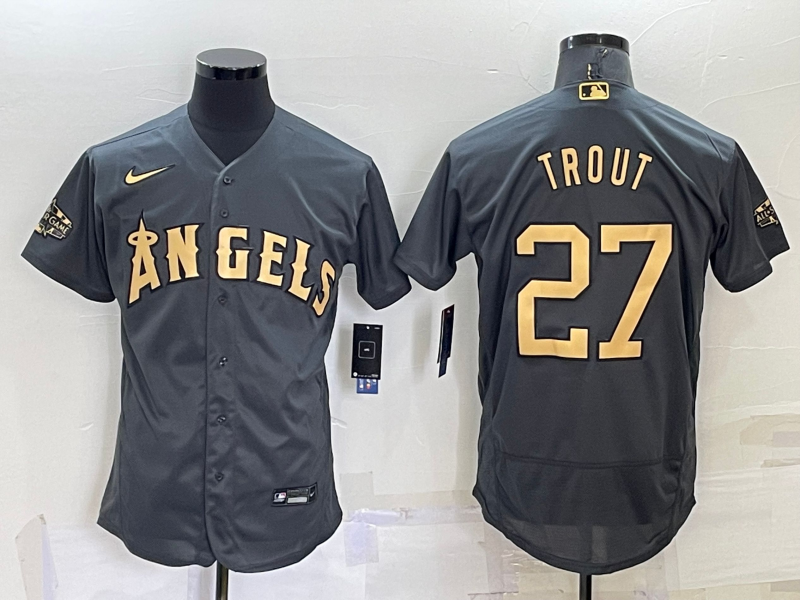 Men's Los Angeles Angels #27 Mike Trout 2022 All-star Charcoal Flex Base Stitched Jersey Men's Los Angeles Angels #27 Mike Trout 2022 All-star Charcoal Flex Base Stitched Jersey